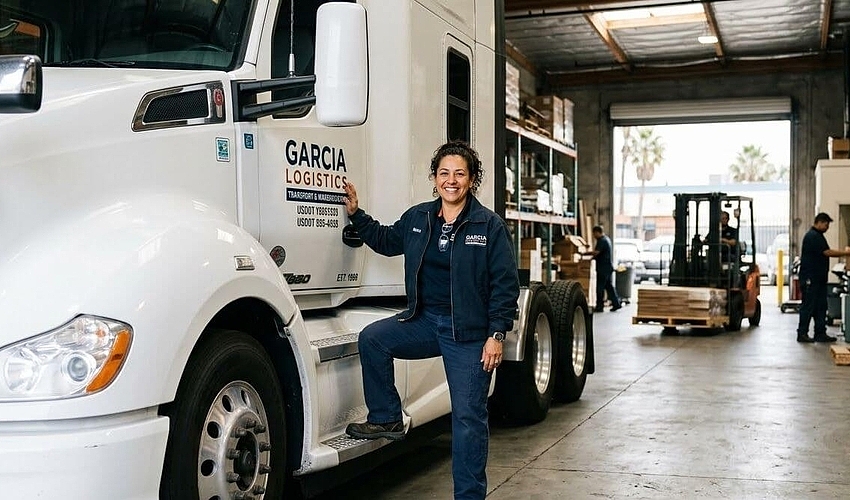 Small business owner standing next to commercially financed equipment at a worksite