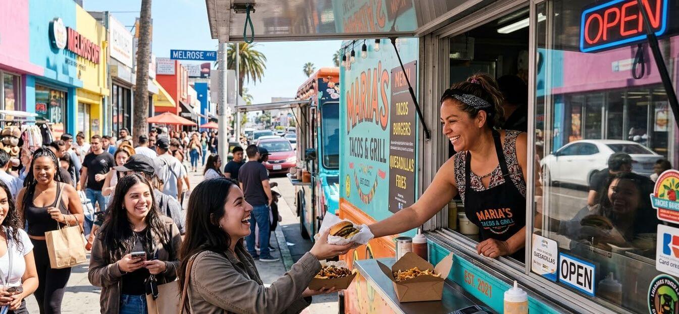 Food truck owner serving a customer at the window of their truck on a busy street