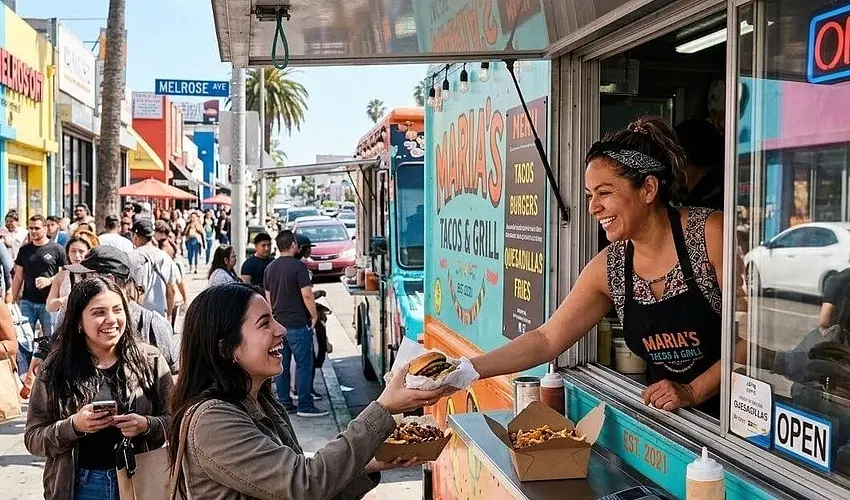 Food truck owner serving a customer at the window of their truck on a busy street