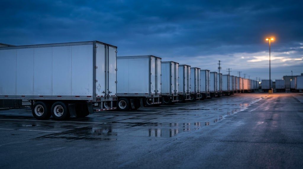 Trailers staged at a yard before dawn illustrating the cash timing behind freight broker factoring