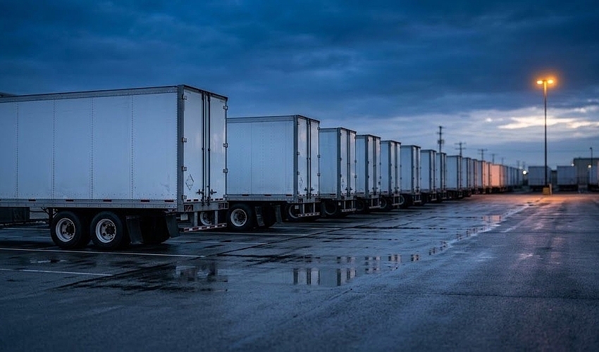 Trailers staged at a yard before dawn illustrating the cash timing behind freight broker factoring