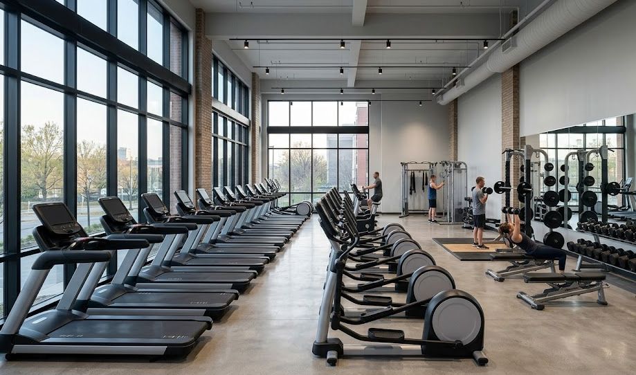 Interior of a modern fitness studio with rows of cardio machines and free weight equipment under bright overhead lighting