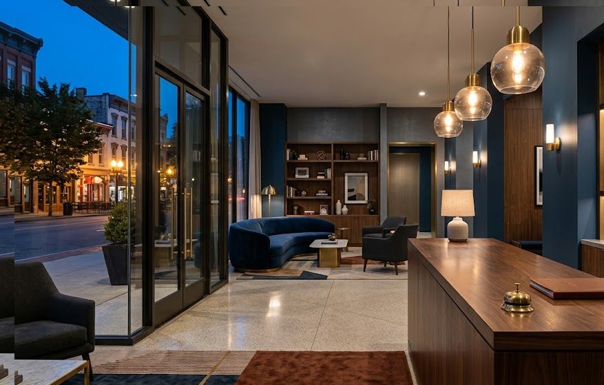 Renovated boutique hotel lobby financed through hotel business loans.