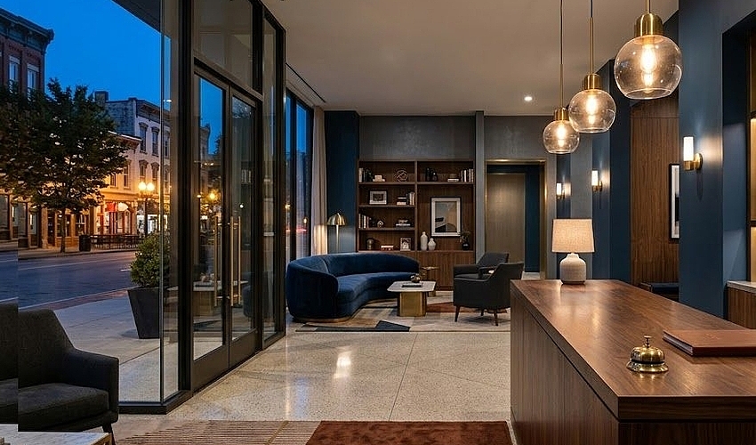 Renovated boutique hotel lobby financed through hotel business loans.