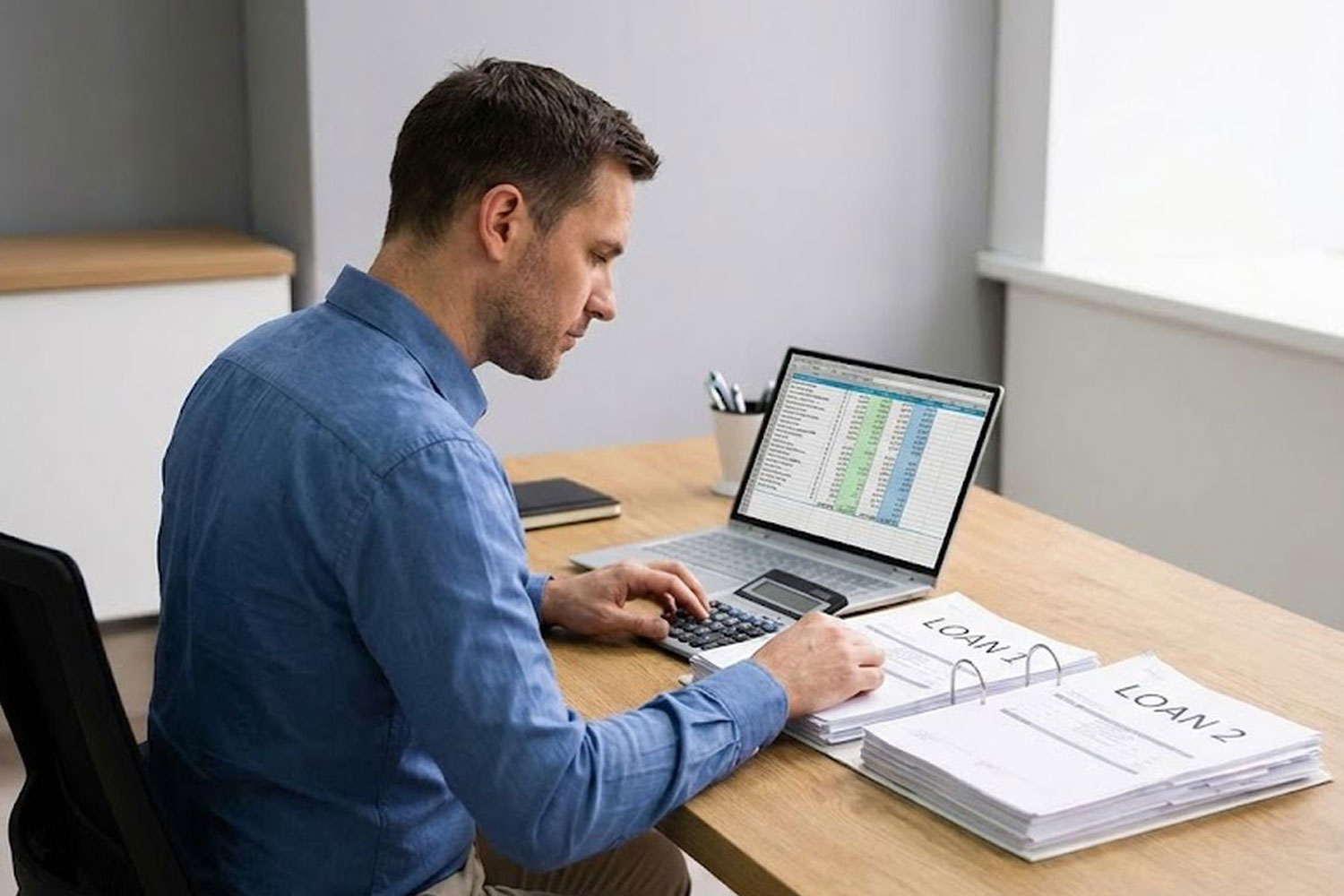 Business owner reviewing documents for second business loan.