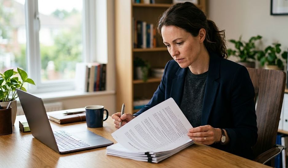 Business owner reviewing a financing contract at a desk while planning how to get out of a merchant cash advance