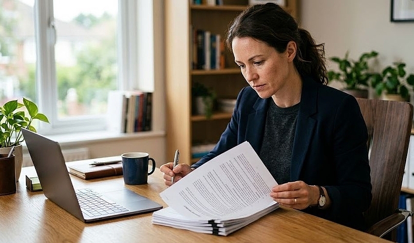 Business owner reviewing a financing contract at a desk while planning how to get out of a merchant cash advance