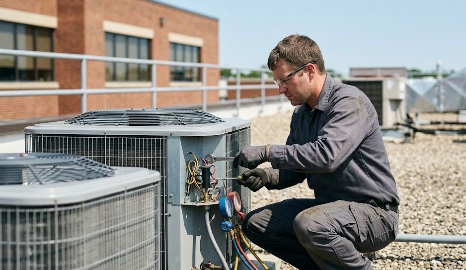 HVAC technician servicing a rooftop air conditioning unit, representing HVAC business loans
