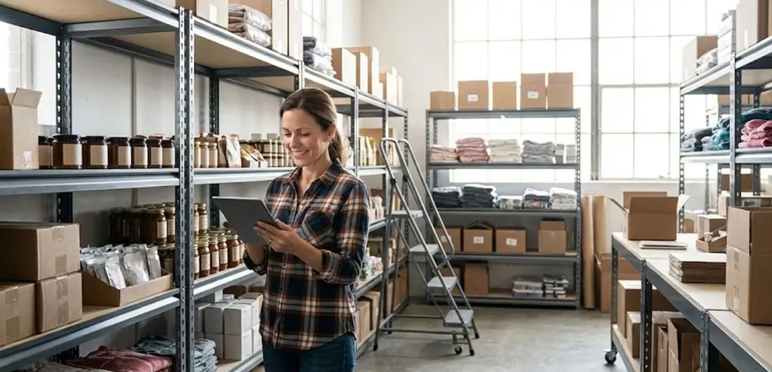 Business owner using a tablet to check inventory levels in a well-stocked warehouse