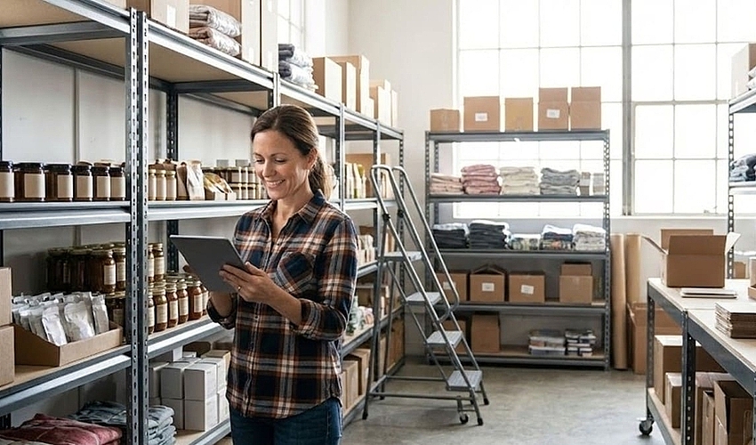 Business owner using a tablet to check inventory levels in a well-stocked warehouse