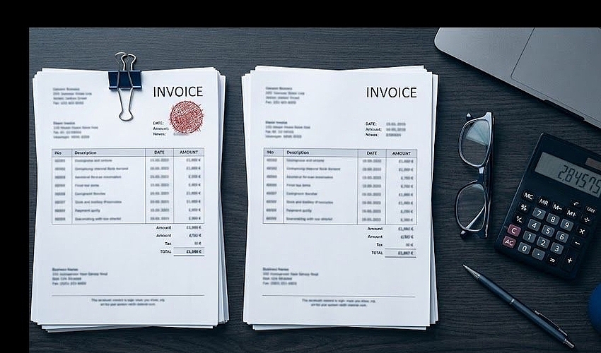 Stacks of business invoices on a desk comparing invoice financing vs factoring.