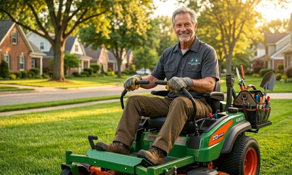 Landscaper operating a commercial mower on a residential lawn representing landscaping business financing