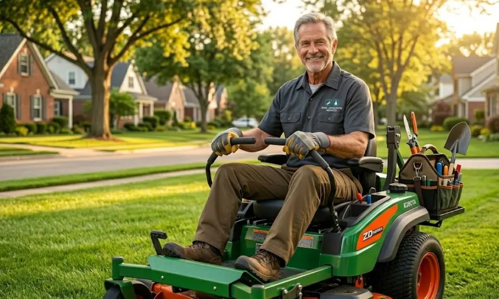 Landscaper operating a commercial mower on a residential lawn representing landscaping business financing