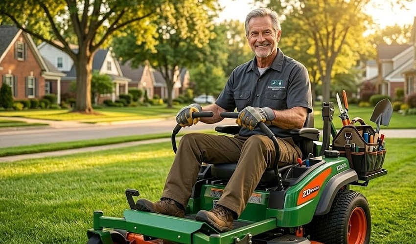 Landscaper operating a commercial mower on a residential lawn representing landscaping business financing