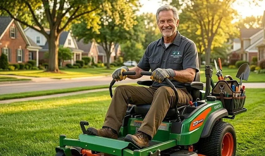 Landscaper operating a commercial mower on a residential lawn representing landscaping business financing