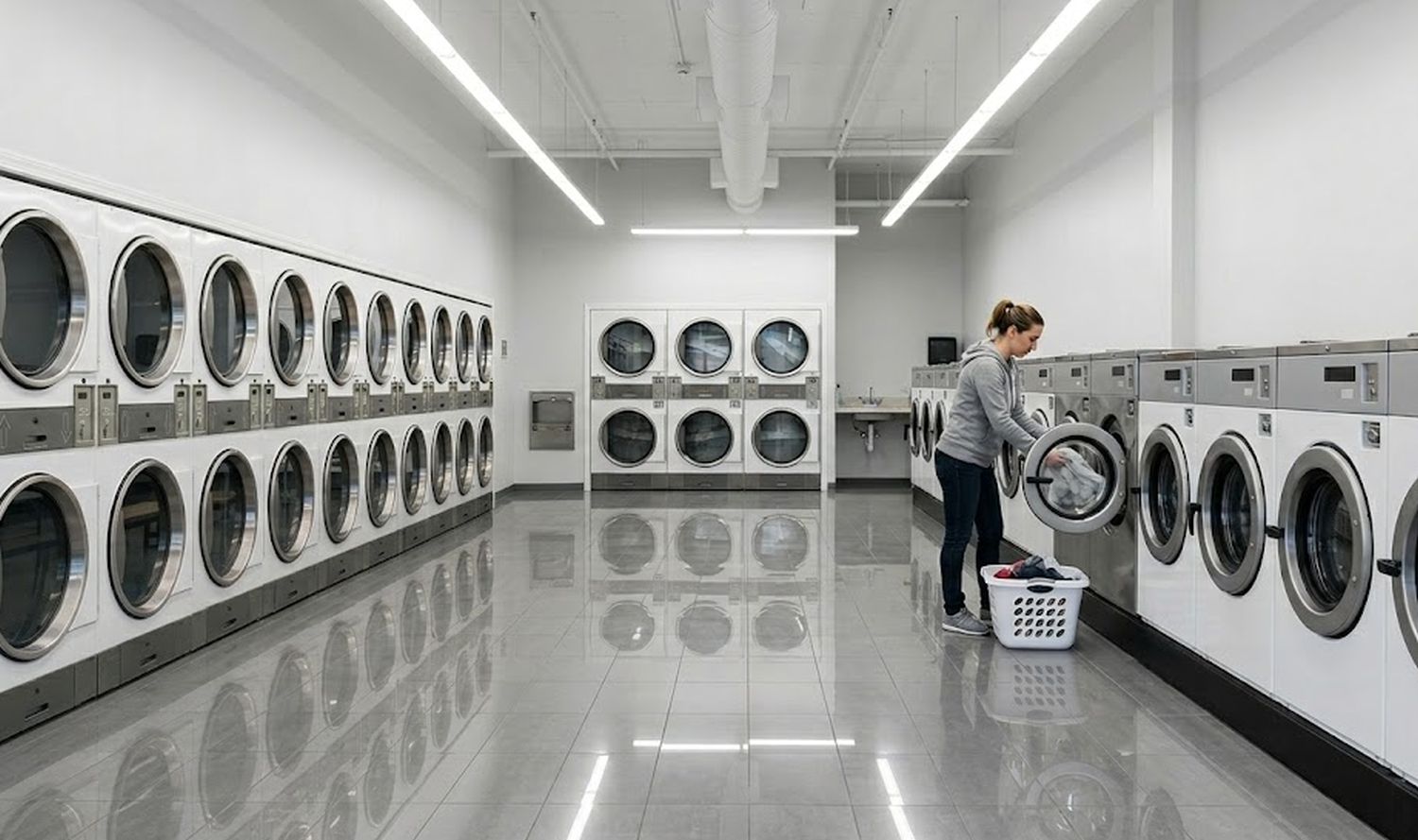 Interior of a clean modern laundromat with rows of commercial front-load washing machines under bright fluorescent lighting