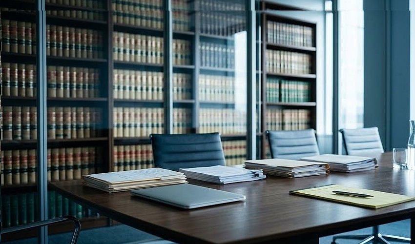 Law office conference table with legal documents, representing law firm financing.