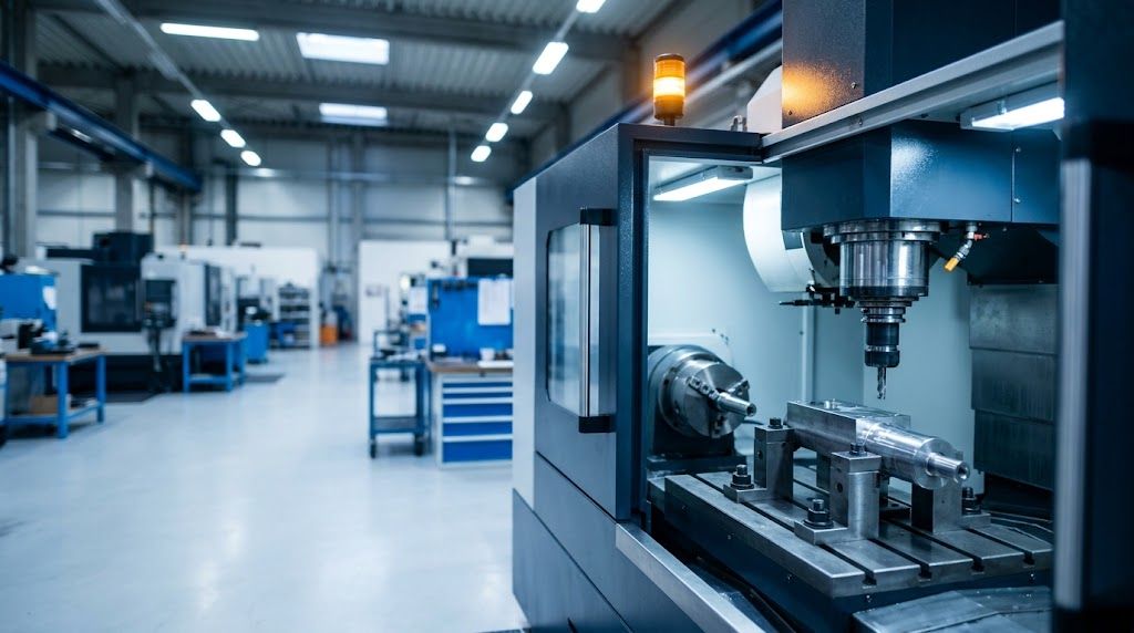 A machining cell on a factory floor illustrating manufacturing invoice factoring against production receivables