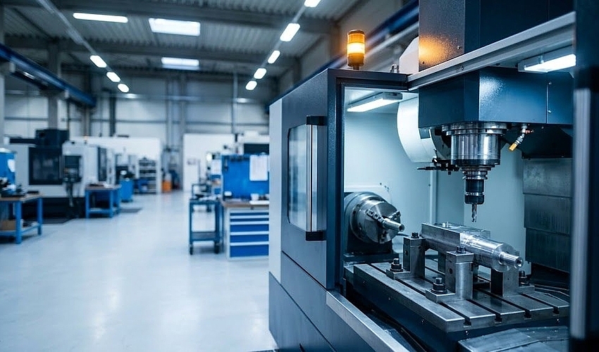 A machining cell on a factory floor illustrating manufacturing invoice factoring against production receivables