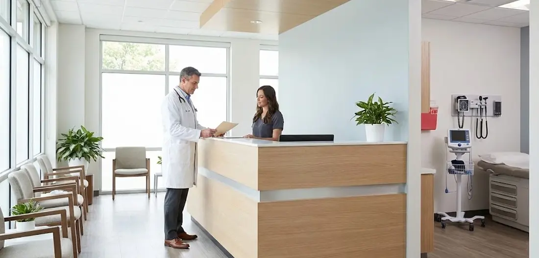 Medical Practice Loans: Financing for Healthcare Businesses Doctor reviewing financial paperwork at the front desk of a modern medical practice