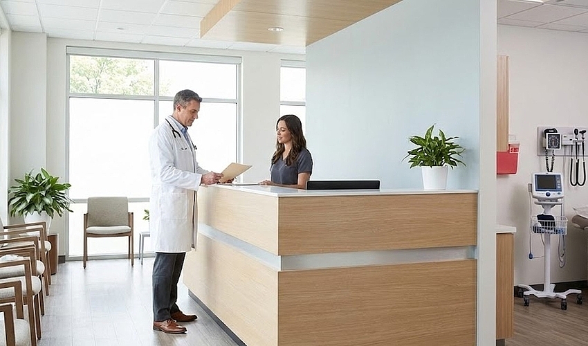 Doctor reviewing financial paperwork at the front desk of a modern medical practice