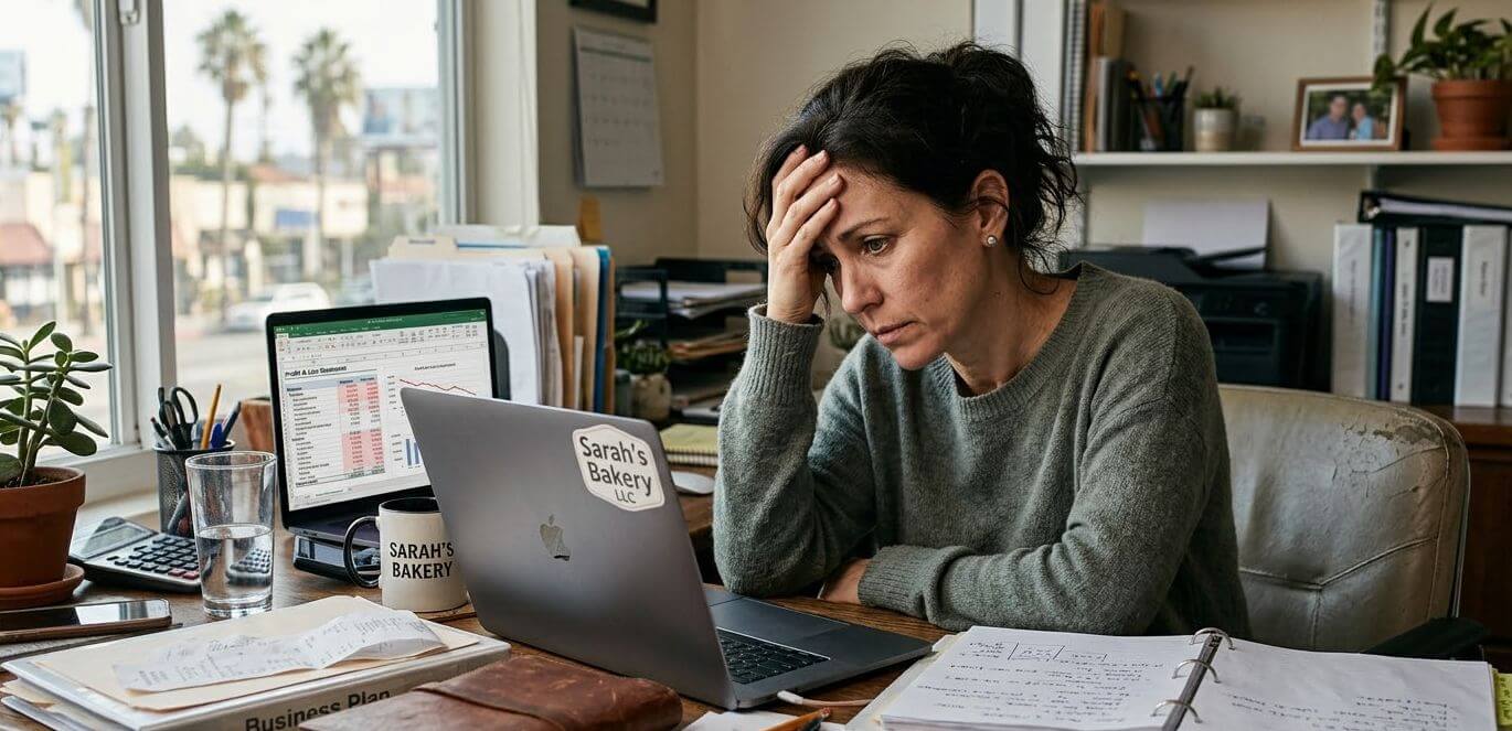 Stressed small business owner reviewing financial paperwork related to a merchant cash advance default