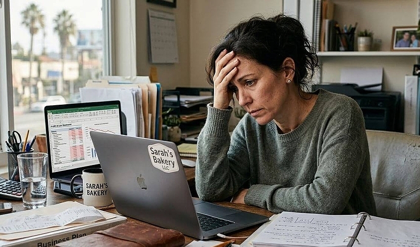 Stressed small business owner reviewing financial paperwork related to a merchant cash advance default