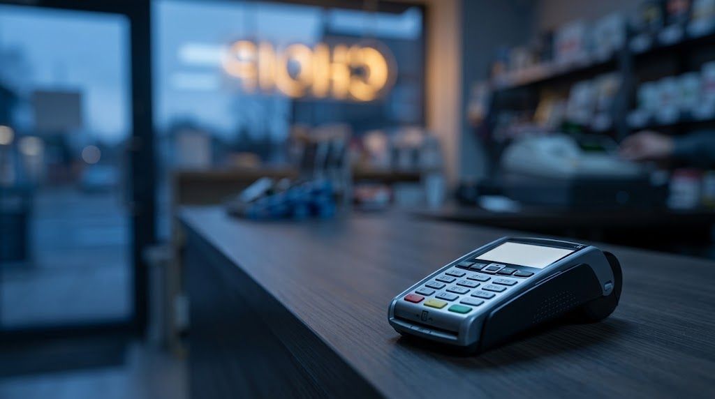 Card terminal and storefront representing merchant cash advance vs business loan