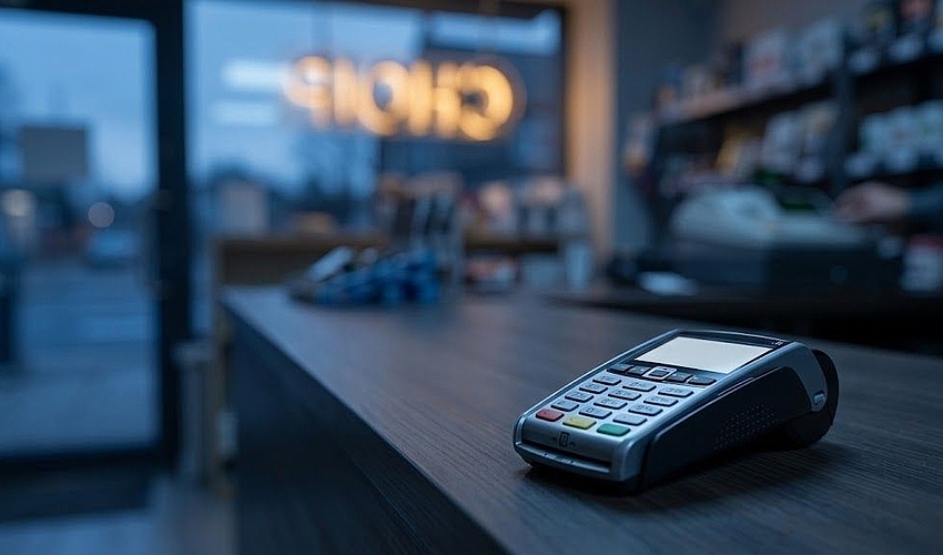 Card terminal and storefront representing merchant cash advance vs business loan
