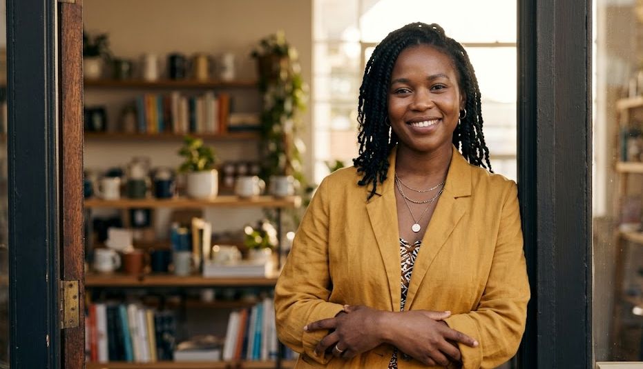 Minority small business owner standing confidently in their shop, representing minority business loans