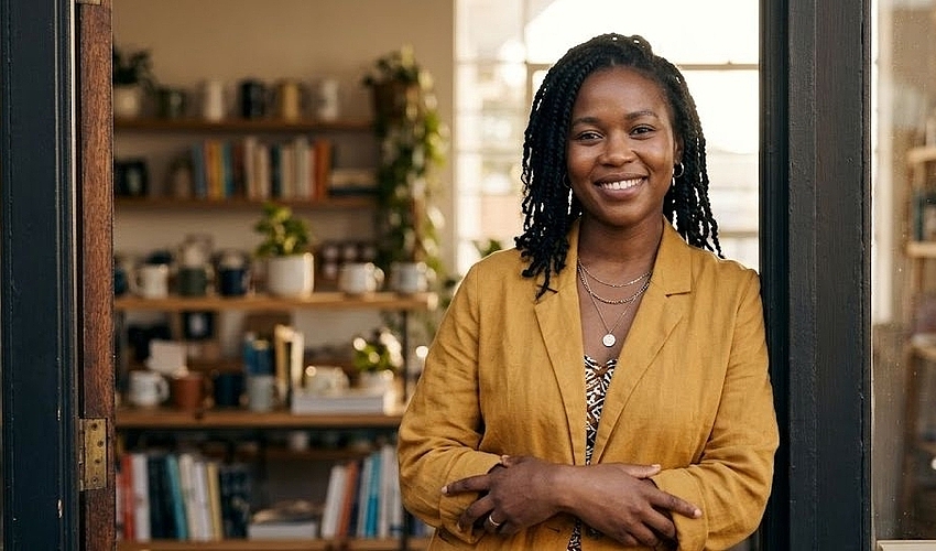 Minority small business owner standing confidently in their shop, representing minority business loans