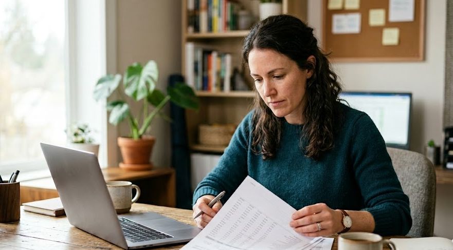 Business owner reviewing bank statements on a laptop while exploring no doc business loans at a desk