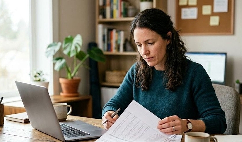 Business owner reviewing bank statements on a laptop while exploring no doc business loans at a desk