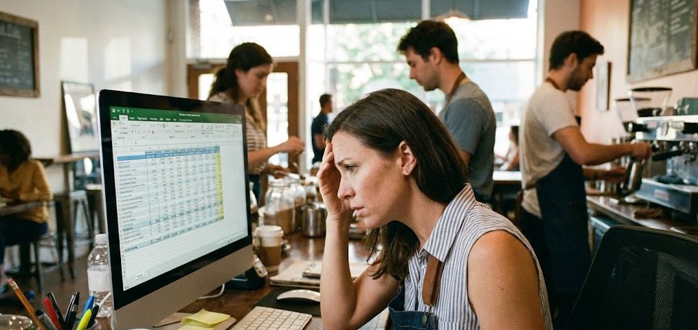 Small business owner reviewing payroll on a computer with employees working in the background