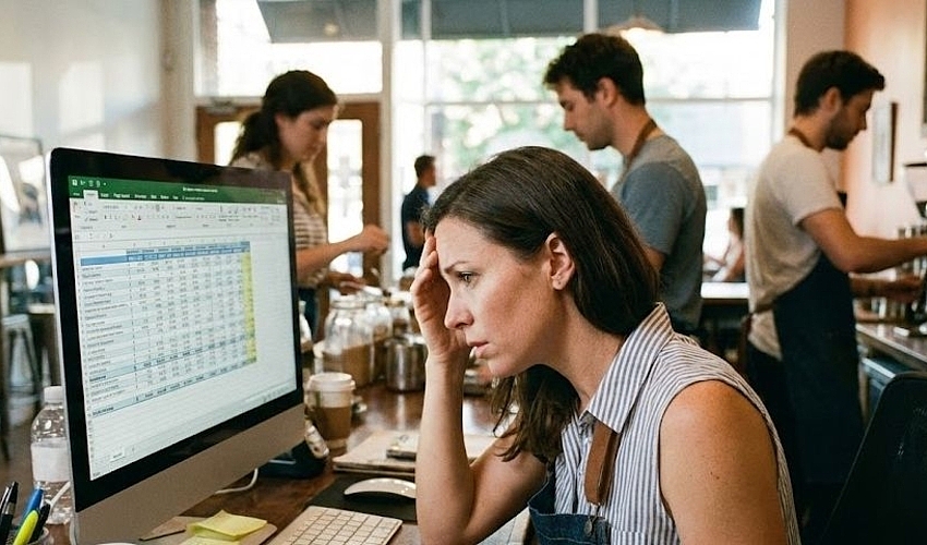 Small business owner reviewing payroll on a computer with employees working in the background