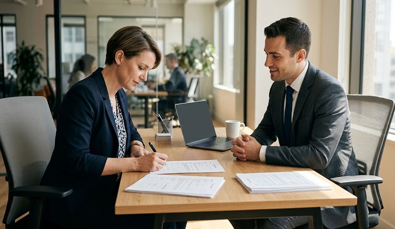 Business owner reviewing and signing a loan agreement document at a desk across from a lender in a professional office setting