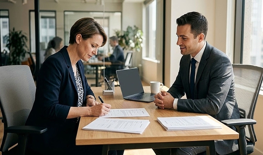 Business owner reviewing and signing a loan agreement document at a desk across from a lender in a professional office setting