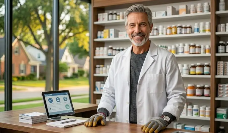 Independent pharmacy owner standing behind a pharmacy counter representing pharmacy business financing