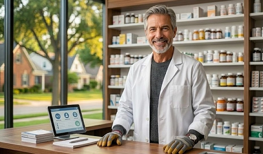 Independent pharmacy owner standing behind a pharmacy counter representing pharmacy business financing