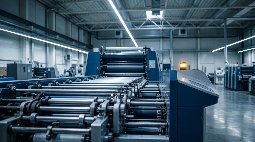 A commercial press in a production hall illustrating printing equipment financing for print shops