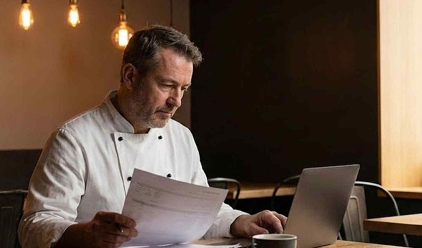 Restaurant owner reviewing business loan documents in their restaurant.
