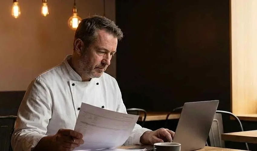 Restaurant owner reviewing business loan documents in their restaurant.