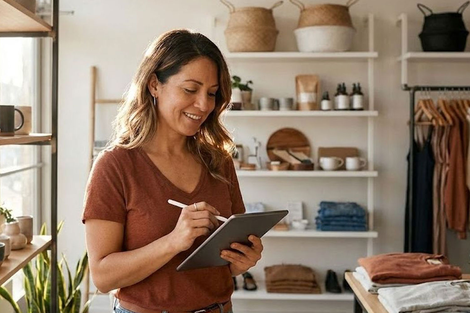 Retail store owner managing inventory and business finances