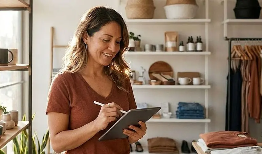 Retail store owner managing inventory and business finances