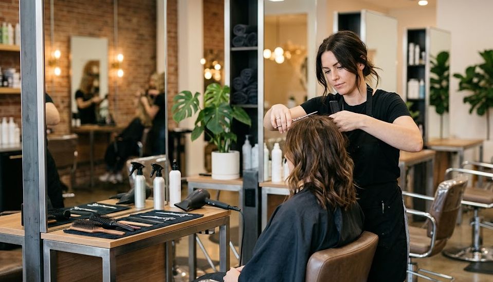 Stylist working at a station in a modern hair salon, representing salon business loans