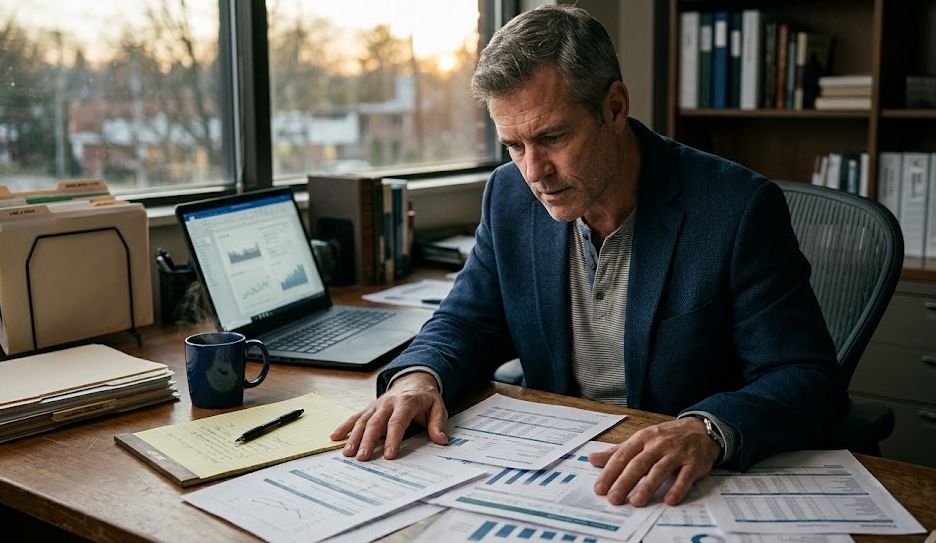 Small business owner sitting at a desk with financial documents and an open laptop, looking seriously at paperwork