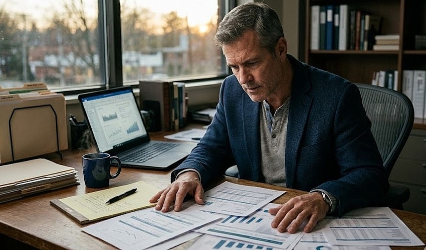 Small business owner sitting at a desk with financial documents and an open laptop, looking seriously at paperwork