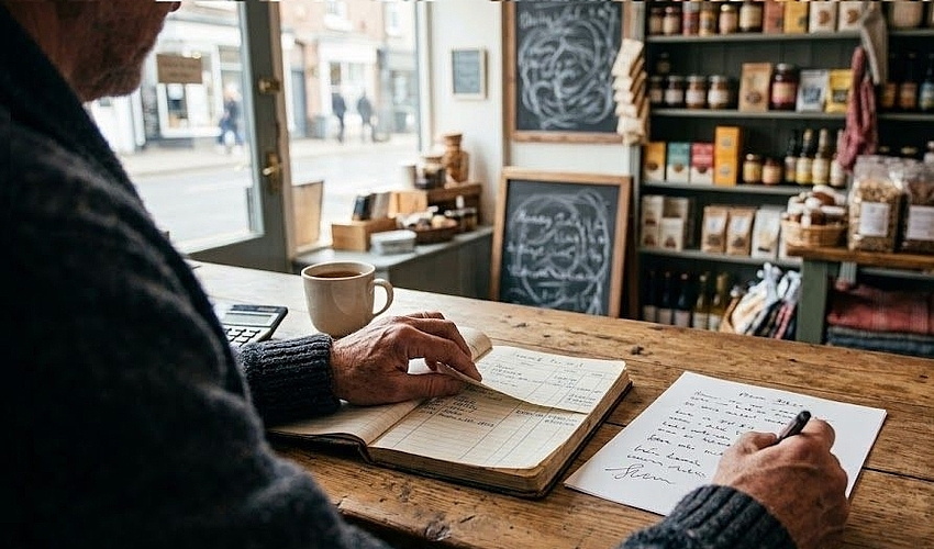 Small business owner reviewing paperwork for an SBA microloan at a shop counter.