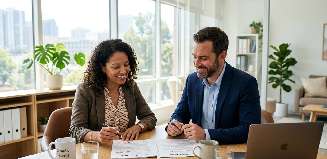 Small business owner reviewing an unsecured loan agreement with a lender in a modern office