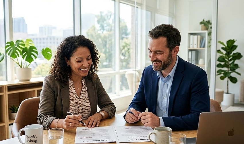 Small business owner reviewing an unsecured loan agreement with a lender in a modern office